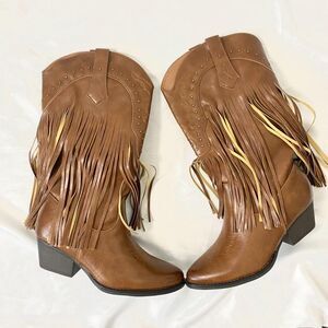 NIB Dream Pairs Brown Tan Studded Fringe Western Cowgirl Boots US 8